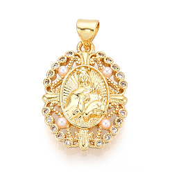 Настоящее золото 16K Латунные микро проложить кубического циркония подвески, с ABS имитации жемчуга, овальные с рисунками " virgin mary", реальный 16 k позолоченный, 23x16x4 мм, отверстие : 3x5 мм