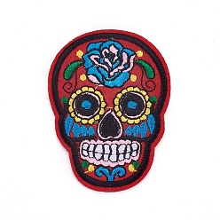 Dark Red Computerized Embroidery Cloth Iron On Patches, Costume Accessories, Appliques, Sugar Skull, For Mexico Holiday Day of the Dead, Dark Red, 72.2x53x1.9mm