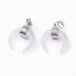 Розовый Кварц Природного розового кварца подвески, с латунной фурнитурой , двойной рог / полумесяц, платина, 22~23x19~20x9 мм, отверстие : 5x7 мм