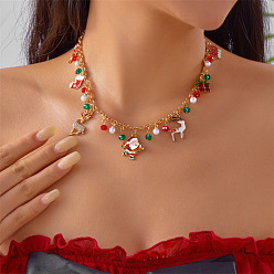 Santa Claus Рождественское ожерелье-нагрудник из сплава со стразами, эмалью и пластиком., зеленый и красный, золотые, Дед Мороз, 14.96 дюйм (38 см)