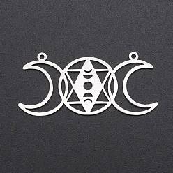 Нержавеющая Сталь Цвет Устойчивые к потускнению 201 подвески-соединители из нержавеющей стали, лазерная резка тройных ссылок богини луны, религия, плоские круглые со звездой Давида, цвет нержавеющей стали, 22x47x1 мм, отверстие : 1.5 мм