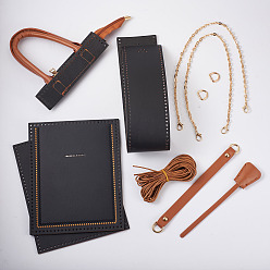 Черный Сумки для вязания крючком из прямоугольной искусственной кожи своими руками, с дном и крышкой сумки из искусственной кожи, плечевой ремень-цепочка и восковые шнуры, чёрные, 22.5x18x0.25 см, отверстие : 3 мм