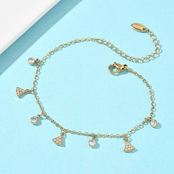 Золотой 304 Браслеты из нержавеющей стали с подвесками в виде треугольников, инкрустированными прозрачными кубическими циркониями, для женщин, золотые, 6.69 дюйм (17 см)