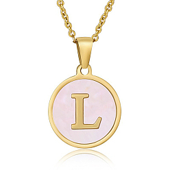 Letter L Natural Shell Initial Letter Pendant Necklace, with Golden Stainless Steel Cable Chains, Letter L, 17.72 inch(45cm)