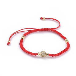 Golden Adjustable Nylon Thread Braided Bead Bracelets, Red String Bracelets, with Brass Micro Pave Cubic Zirconia Beads and Brass Beads, Round, Red, Golden, 2-1/8 inch~3-5/8 inch(5.4~9.2cm)
