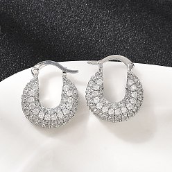 Платина Латунные плоские круглые серьги-кольца с микропаве из прозрачных кубических цирконий, без кадмия и без свинца, стойки покрытие, долговечный, платина, 19.5x17x6.5 мм