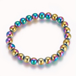 Multi-color Plated Electroplated Non-magnetic Synthetic Hematite Beaded Stretch Bracelet, Round, Multi-color Plated, 2-1/8 inch(5.3cm), Bead: 8mm