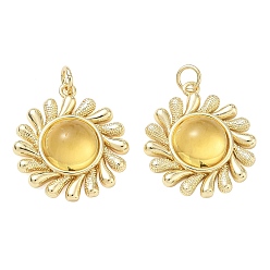 Jaune Pendentifs en laiton et résine plaqués sur support, charmes de soleil, sans cadmium et sans plomb, réel 18 k plaqué or, jaune, 23x20x6mm, Trou: 3.5mm