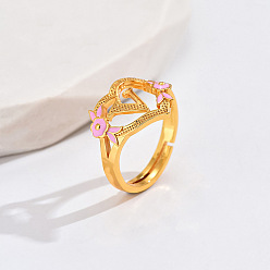 Letter V Регулируемые кольца для пальцев с латунным жемчугом и розовой эмалью в форме сердца и цветка, без кадмия, без никеля и без свинца, золотые, Буква V, 14 мм, внутренний диаметр: 17 мм