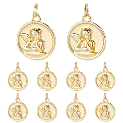 Настоящее золото 18K 10 латунные подвески шт., с прыжковых колец, плоские круглые с ангелом, реальный 18 k позолоченный, 16.5x14x3 мм, отверстие : 3 мм