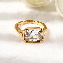 Настоящее золото 18K 304 Кольца из нержавеющей стали с одиночными кубическими циркониями для женщин, прямоугольные, реальный 18 k позолоченный, 14x10 мм, внутренний диаметр: 18 мм