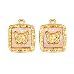 Real 18K Gold Plated 304 Stainless Steel & Natural Freshwater Shell Pendants, Rectangle with Butterfly Charm, Ion Plating(IP), Long-Lasting Plated, Real 18K Gold Plated, 19.5x15x2mm, Hole: 2mm