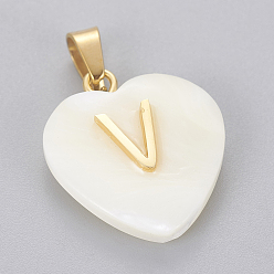 Letter V Shell Anhänger, mit 304 Edelstahl Zubehör, Herz mit Brief, golden, letter.v, 23.5x20x7 mm, Bohrung: 3.5x7 mm