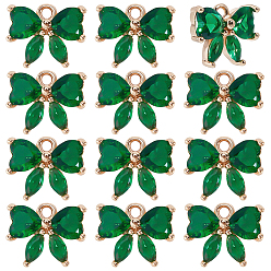 Зеленый 12шт. латунные стеклянные подвески, очарование бабочки, золотой свет, граненые, зелёные, 10x12x4 мм, отверстие : 1.4 мм