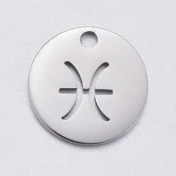 Fische Anlaufgeschützt 304 Charms aus Edelstahl, Laserschnitt, flach rund mit Konstellation, hohl, Edelstahl Farbe, Fische, 10x1 mm, Bohrung: 1.2 mm