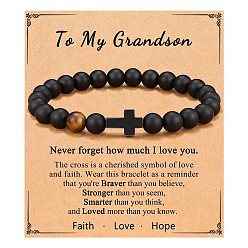 Смешанные камни Крест натуральный тигровый глаз и матовый черный обсидиан круглые бусины эластичные браслеты для мужчин и женщин, 7-1/8 дюйм (18 см)