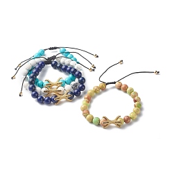Mixed Stone Natural Mixed Stone Braided Bead Bracelets, with Brass Beads, Inner Diameter: 2~3-3/8 inch(5.2~8.5cm)