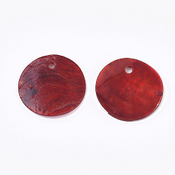 Red Spray Paint Natural Akoya Shell Pendants, Mother of Pearl Shell Pendants, Flat Round, Red, 15x1~3mm, Hole: 1.1~1.5mm