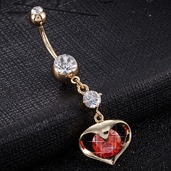 Rot Piercing-Schmuck, umweltfreundlicher Nabelring aus Zirkonoxid aus Messing, Bauchringe, mit chirurgischem Edelstahlstab, echt 18 k vergoldet, Herz, rot, 50x15 mm, Stange: 15 Spurweite(1.5mm), Stangenlänge: 3/8"(10mm)