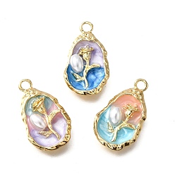 (52) Непрозрачная лаванда Подвески из эмали и сплава, с ABS имитации жемчуга, овальные с цветком, стойки покрытие, долговечный, без свинца, без кадмии и без никеля, золотые, разноцветные, 24.5x14x5 мм, отверстие : 2.1 мм