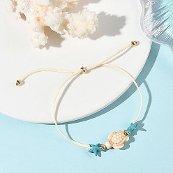 Blanc Floral Bracelets pour femmes en cordon coulissant ajustable en polyester ciré, ornés de perles en turquoise synthétique teintée, représentant une tortue et une étoile de mer., or, floral blanc, 10.24 pouce (26 cm)