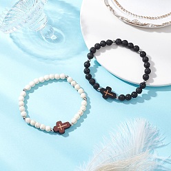 Mixed Stone 2Pcs Cross Natural Lava Rock & Synthetic Turquoise & Wood Round Beads Stretch Bracelets for Men Women, Inner Diameter: 2 inch(5cm)