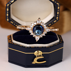 Dark Blue Brass Micro Pave Cubic Zirconia Finger Rings, Flower, Golden, Dark Blue, US Size 7(17.3mm)