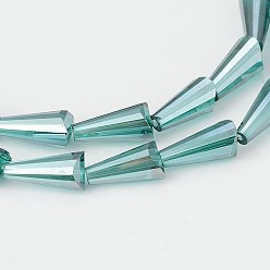 Dunkles Cyan Galvanisieren facettierten Konus Glasperlenstränge, ab Farbe plattiert, dunkles Cyan, 14~16x7~8x7 mm, Bohrung: 1 mm, ca. 49~50 Stk. / Strang, 28.5 Zoll