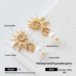 Golden 304 Stainless Steel Stud Earrings for Women, Sun, with Imitation Pearl, Golden, 33x15mm