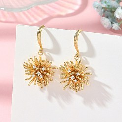 Golden Brass Micro Pave Clear Cubic Zirconia Dangle Earrings for Women, Flower, Golden, 45x23mm
