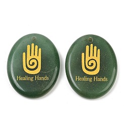 Green Aventurine Natural Green Aventurine Pendants, Flat Oval Healing Stone Charms with Engraved Gold Hamsa Hand Pattern, 45x35~35.5x7~8mm, Hole: 2.5mm