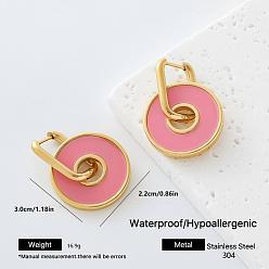 Pink 304 Серьги-кольца из нержавеющей стали с эмалью для женщин, круглые, золотые, розовые, 30x22 мм