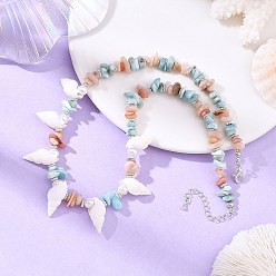 Silver Boho Natural Shell & Larimar & Dyed Morganite Chip Beaded Necklaces for Women, Silver, 16.54 inch(42cm)