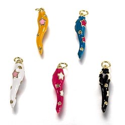 Mixed Color Brass Enamel Pendants, Long-Lasting Plated, Real 18K Gold Plated, Horn of Plenty, Italian Horn Cornicello, Mixed Color, 26x6x6mm, Hole: 3.3mm