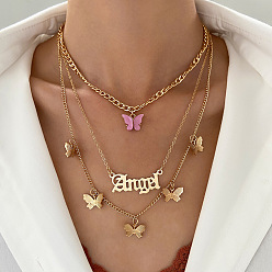 Золотой Акриловая подвеска-бабочка ярко-розового цвета, железная цепочка 3 многослойные ожерелья для женщин, золотые, 14.96 дюйм (38 см)
