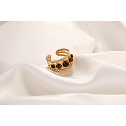 Золотой Натуральный тигровый глаз кольца палец, 304 из нержавеющей стали манжеты кольца, золотые, внутренний диаметр: регулируемый