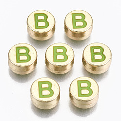 Letter B Legierung Emaille-Perlen, cadmiumfrei und bleifrei, flach rund mit Anfangsbuchstaben, Licht Gold, gelb-grün, letter.b, 8x4 mm, Bohrung: 1.5 mm