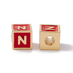 Letter N Стойки покрытие латунь эмаль бисер, без кадмия, без никеля и без свинца, реальный 18 k позолоченный, куб с письмом, красные, letter.n, 6x6x6 мм, отверстие : 2.5 мм