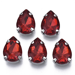 Светло-сиамский Шить на горный хрусталь, стекло горный хрусталь, многожильных ссылки, с настройками из нержавеющей стали, аксессуары для одежды, граненые, слеза, Light Siam, 14x10x5.5 мм, отверстие : 1.2 мм