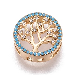 Golden Brass Micro Pave Cubic Zirconia Slide Charms, Flat Round with Tree of Life, Colorful, Golden, 15.5x5.5mm, Hole: 2x12mm