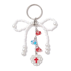 White Glass Seed Bead Keychain, with Iron Split Key Ring and Alloy Enamel Pendants, White, 10.2cm