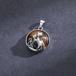 Tiger Eye Flat Round with Cat Natural Tiger Eye Pendants, with Platinum Alloy Finding, 32x22mm