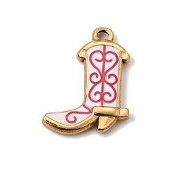 Deep Pink 304 Stainless Steel Enamel Pendants, Western Cowgirl Boot with Heart Charms, Ion Plating(IP), Long-Lasting Plated, Real 18K Gold Plated, Deep Pink, 26x19x3.5mm, Hole: 2.5mm