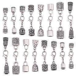 Antique Silver 32Pcs 8 Styles Alloy Cord Ends, with Lobster Claw Clasps, Mixed Shapes, Antique Silver, 34~47mm, 4pcs/style