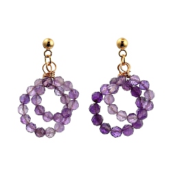 Amethyst Natural Amethyst Beads Stud Earrings, with 304 Stainless Steel Stud Earring Findings and Ear Nuts, Ring, Golden, 35x21x7.5mm, Pin: 0.8mm