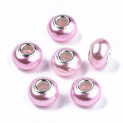 Бледно-Розовый Искусственный жемчуг стиль смолы европейские бусины, бусины с большими отверстиями в форме шайбы, с двойных ядер серебрянного цвета, розовый жемчуг, 14x9 мм, отверстие : 5 мм