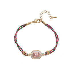 Pink Браслеты из латуни с инкрустацией кубическим цирконием., украшения из хлопкового шнура для женщин, прямоугольные, с эмалью, золотые, розовые, 6.30 дюйм (16 см)