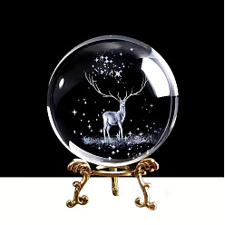 Олень Внутренняя резьба по стеклу, хрустальный шар, украшение для диаплея, пресс-папье с металлической подставкой, домашний декор по фэншуй, олень, 60 мм