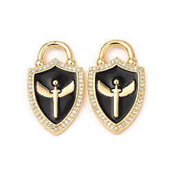 Черный Кулоны с эмалью из латуни с прозрачным кубическим цирконием, щит с ангелом, золотые, чёрные, 30.5x18x3 мм, отверстие : 7x4 мм
