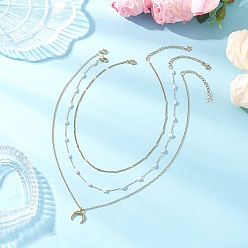 Рог 304 кулон из нержавеющей стали 316 цепочка из хирургической нержавеющей стали и пластиковой жемчужины в виде скрепки 3 многослойные ожерелья для женщин, золотые, белые, двойной рог, 14.72~18.31 дюйм (37.4~46.5 см), 3 шт / комплект